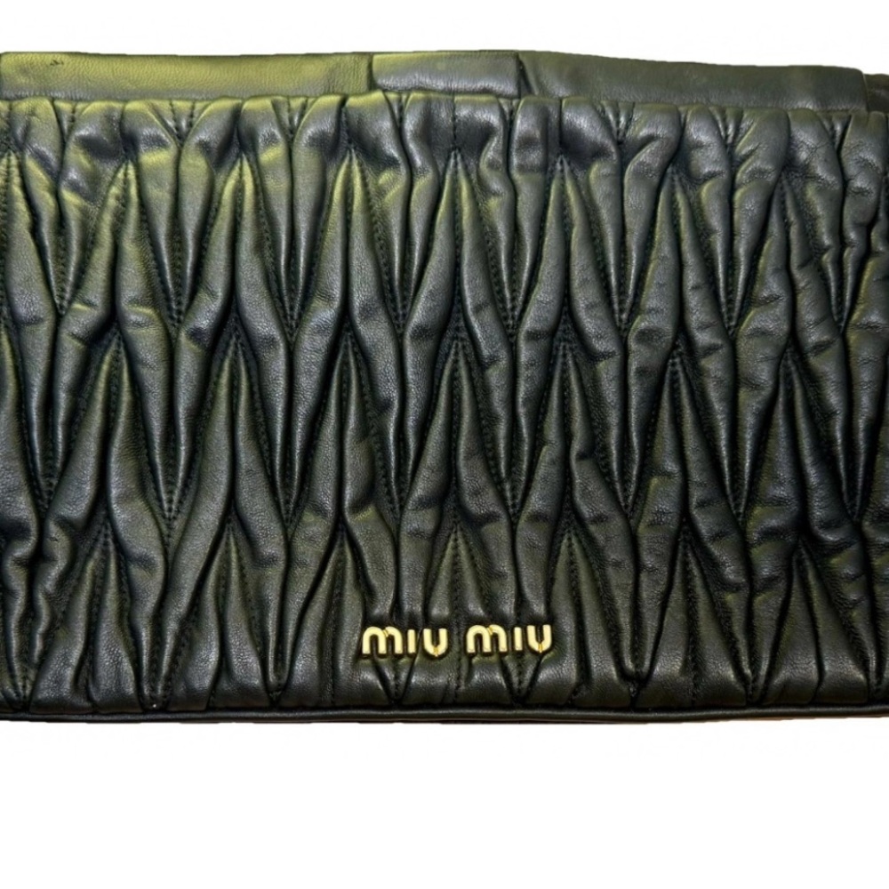 Miu Miu Black Matelassé Clutch with Gold Logo